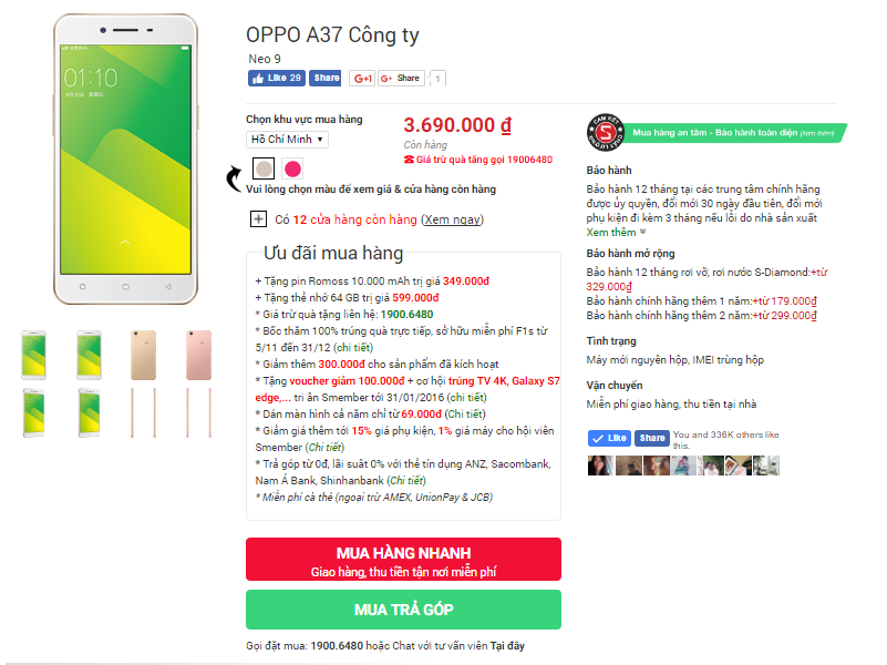 Oppo A37 (Neo 9) chính hãng giá rẻ tại CellphoneS