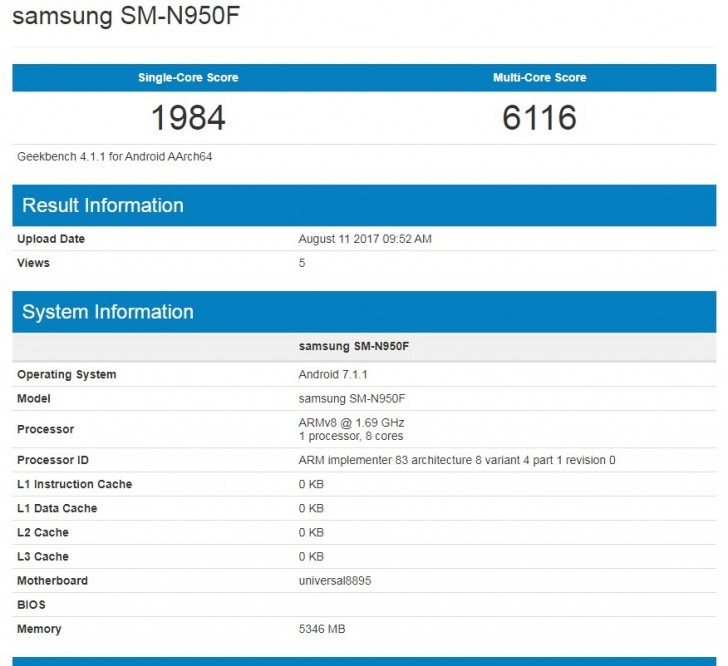 Điểm benchmark được rò rỉ trên Geekbench của Note 8