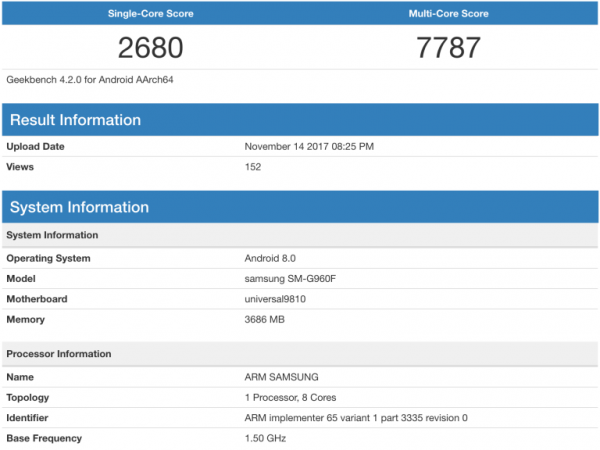 Điểm hiệu năng của Galaxy S9 được rò rỉ trên trang web của Geekbench