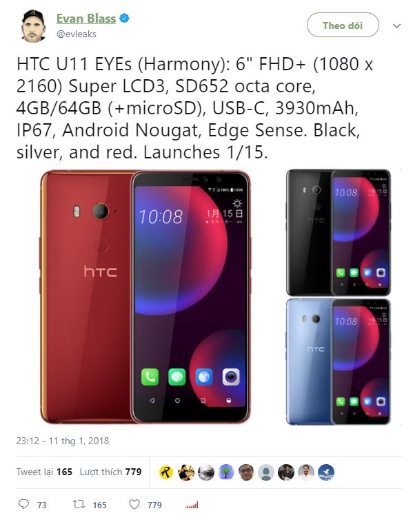 Evan Blass đã cho biết gần hết cấu hình của HTC U11 EYEs thông qua tài khoản Twitter @evleaks