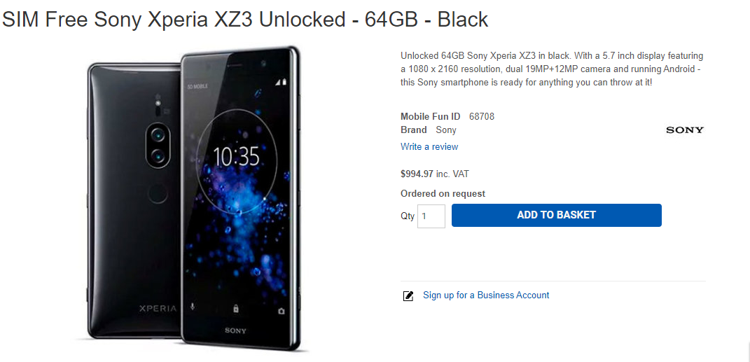 Xperia XZ3 lộ giá bán và cấu hình chi tiết trên một trang web bán hàng trực tuyến tại Anh