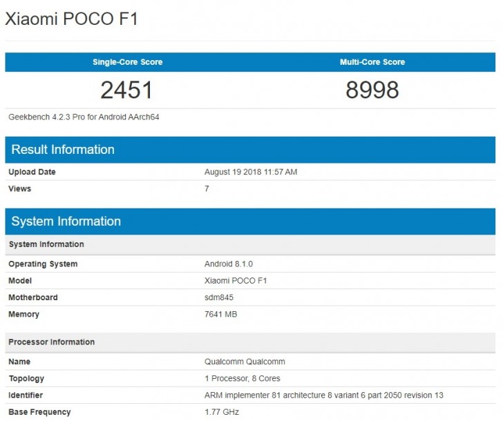 Điểm hiệu năng phiên bản 8GB RAM của chiếc Pocophone F1 lộ diện trên Geekbench