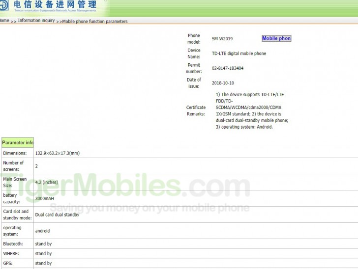 Thông số về màn hình và pin của Samsung W2019