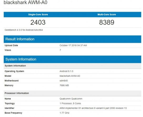 Lộ diện cấu hình của Xiaomi Black Shark 2: Snapdragon 845, 8GB RAM và Android Oreo
