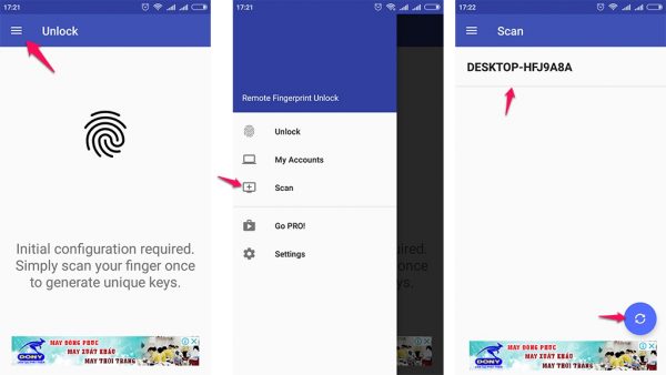 Mở ứng dụng Remote Fingerprint Unlock trên Android.