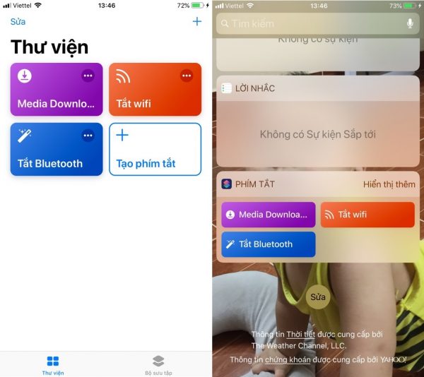 Quay trở lại giao diện ứng dụng Siri Shortcuts và mở màn hình Widget sẽ thấy 2 phím tắt Tắt wifi và Tắt Blueooth được tạo. 