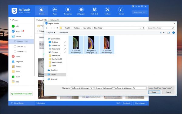 Trong giao diện 3uTools, nhấn vào tùy chọn Ảnh và tiến hành Nhập tất cả các tệp đã tải về ở trên.