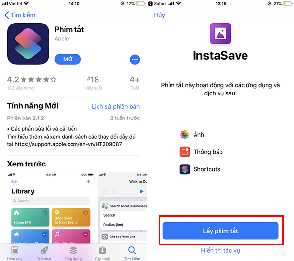Tải xuống ứng dụng Lối tắt Siri và nhận lối tắt InstaShow.