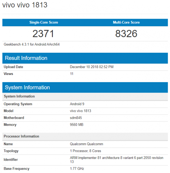 Chiếc máy Vivo bí ẩn xuất hiện trên Geekbench với Snapdragon 845 và 10GB RAM, có thể là Vivo Z3 Pro
