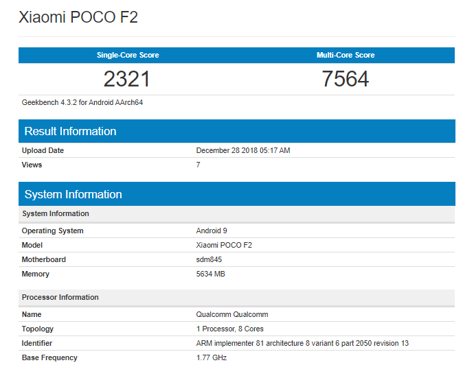 Điểm hiệu năng của Pocophone F2 trên Geekbench