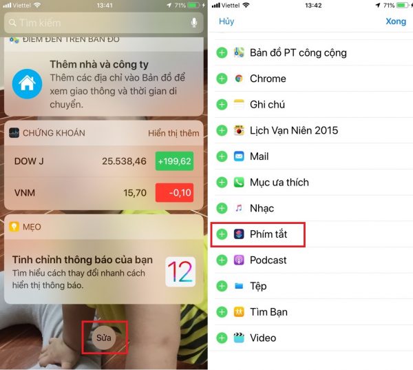Mở giao diện widget trên thiết bị rồi nhấn vào nút 