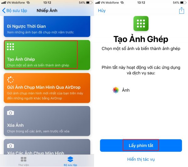 Trong nhóm phím tắt của chủ đề Nhiếp ảnh tìm tới phím tắt Tạo ảnh ghép, rồi nhấn nút Lấy phím tắt.