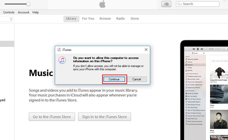 Nhấn Tiếp tục đến thông báo mới từ giao diện iTunes.