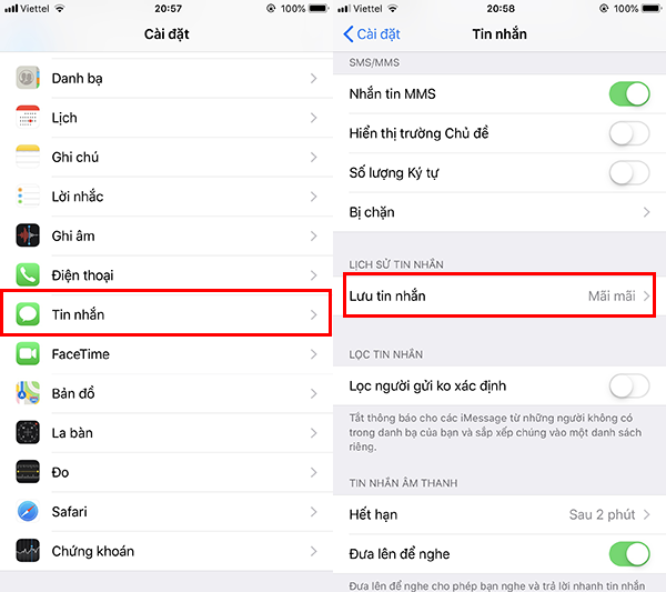 Quay trở lại phần Cài đặt, chọn phần Tin nhắn. 
