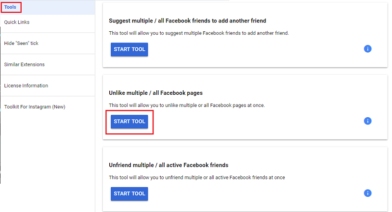Tìm và chọn Unlike mutiple / all Facebook pages ở mục Tools, sau đó nhấn chọn START TOOL.