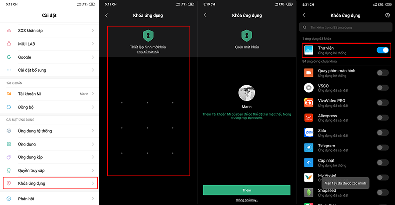 Cài đặt khóa ứng dụng trên thiết bị Xiaomi.