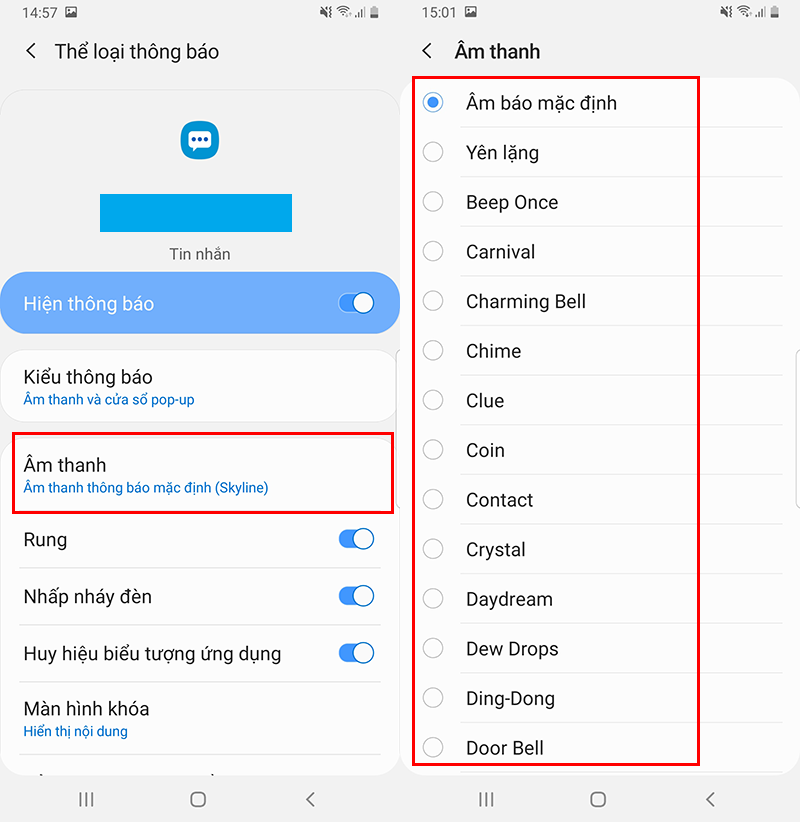 Chọn tiếp vào mục Âm thanh, sau đó chọn âm báo mà bạn muốn thiết lập.