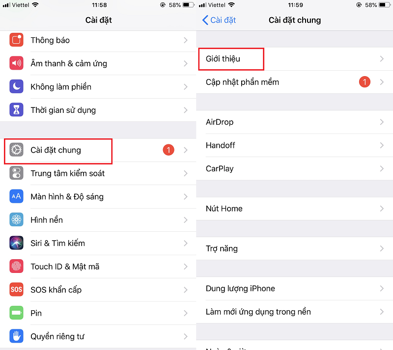 Kiểm tra thông số của máy trong phần Cài đặt (Settings) > Cài đặt chung (General) > Giới thiệu (About).