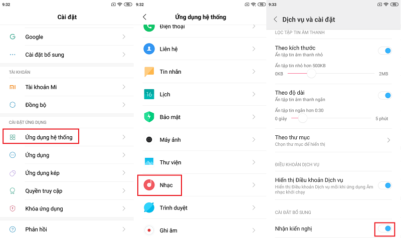 Truy cập vào Cài đặt > Ứng dụng hệ thống > Nhạc > Tắt tùy chọn Nhận kiến nghị.