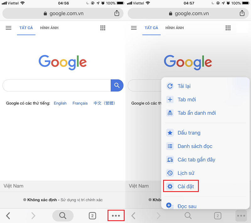 Mở Google Chrome trên thiết bị và chọn vào biểu tượng ba dấu chấm phía dưới góc phải màn hình. Sau đó chọn tiếp vào Cài đặt.