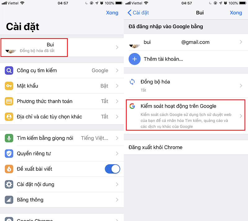 chọn tài khoản Google của mình rồi bấm vào tùy chọn Kiểm soát hoạt động trên Google.