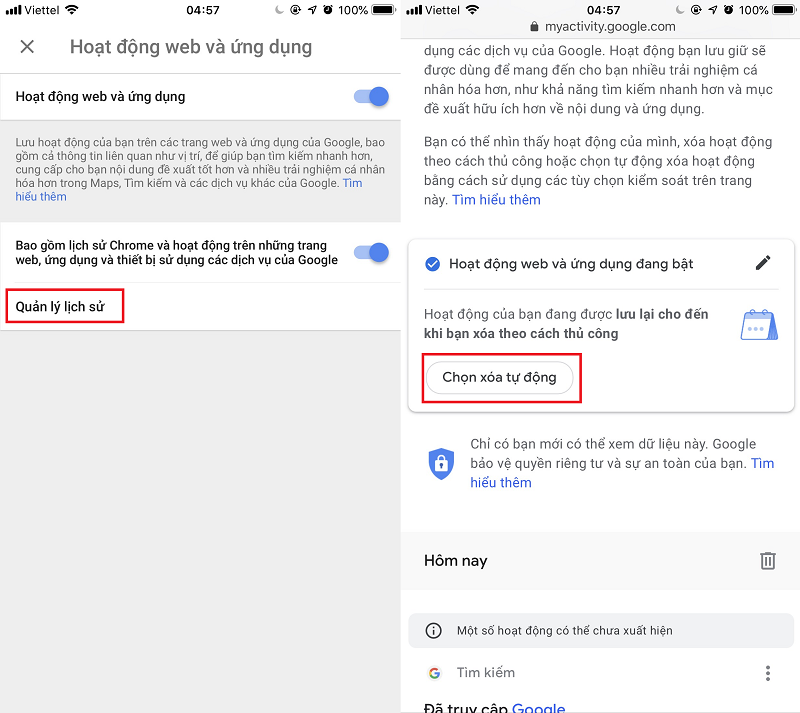 Khi được đưa đến trang Hoạt động web và ứng dụng của Google, bạn hãy chọn Chọn xóa tự động.