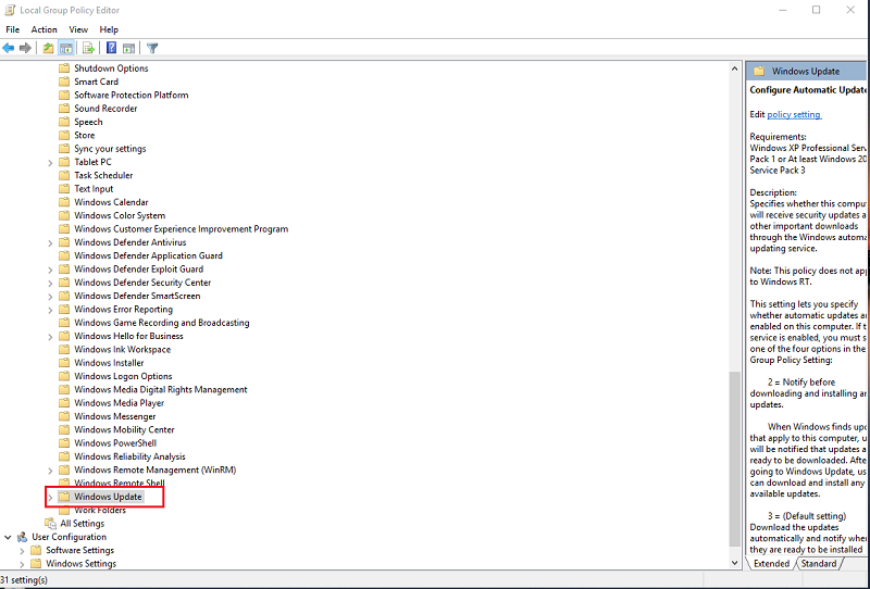 Chọn vào Computer Configuration > Administrative Templates > Windows Components > Windows Update.