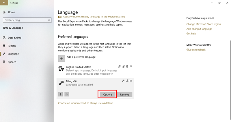 Click chọn để mở ra hộp thoại Language Options.