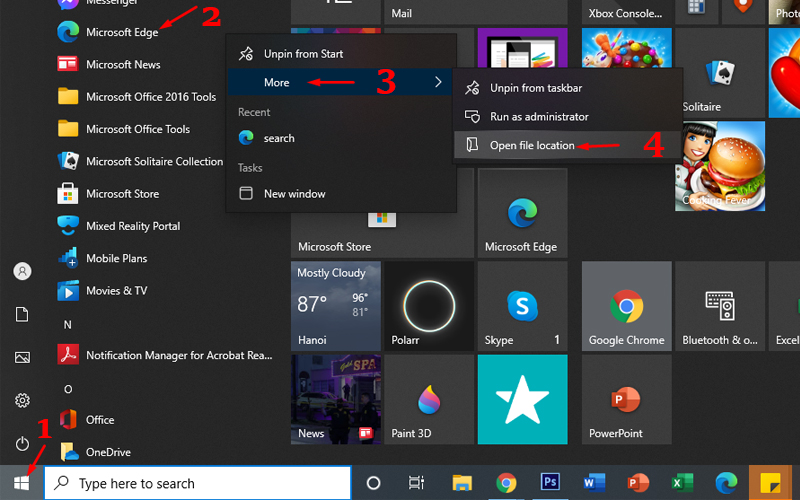 Mở Open file location để tạo phím tắt trên windows 10