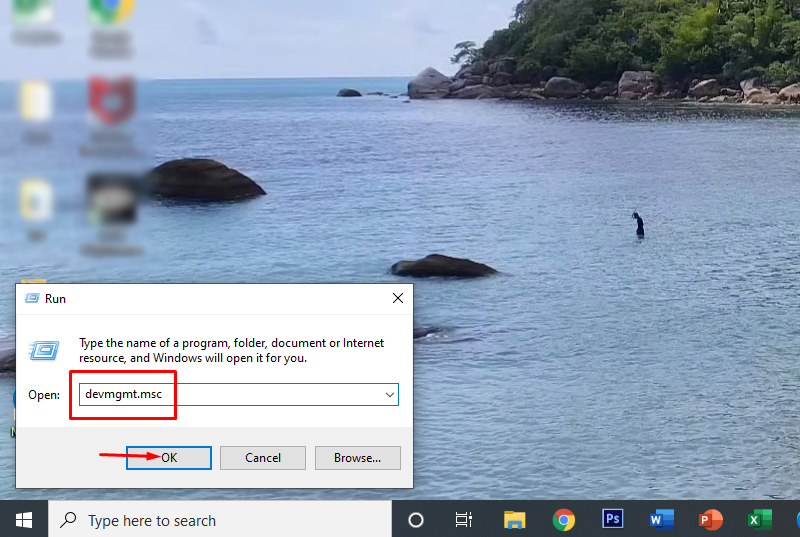 Gõ lệnh devmgmt.msc trên bàn phím ảo của laptop