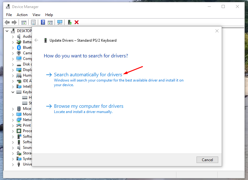 Chọn Search automatically for drivers để khắc phục lỗi bàn phím của laptop