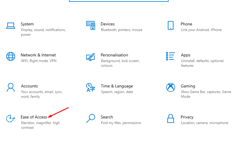 Nhấn chọn vào mục Ease of Access