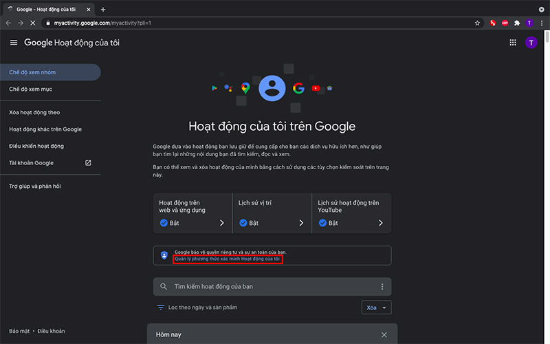Cài đặt mật khẩu khi xem Lịch sử hoạt động Google cực nhanh