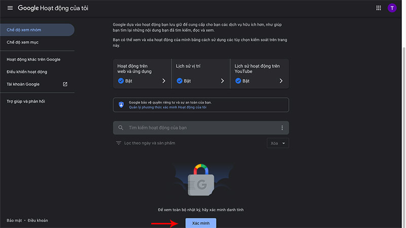 Cài đặt mật khẩu khi xem Lịch sử hoạt động Google cực nhanh