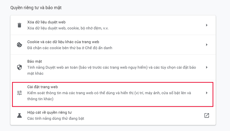 Chọn cài đặt trang web trên Google Chrom