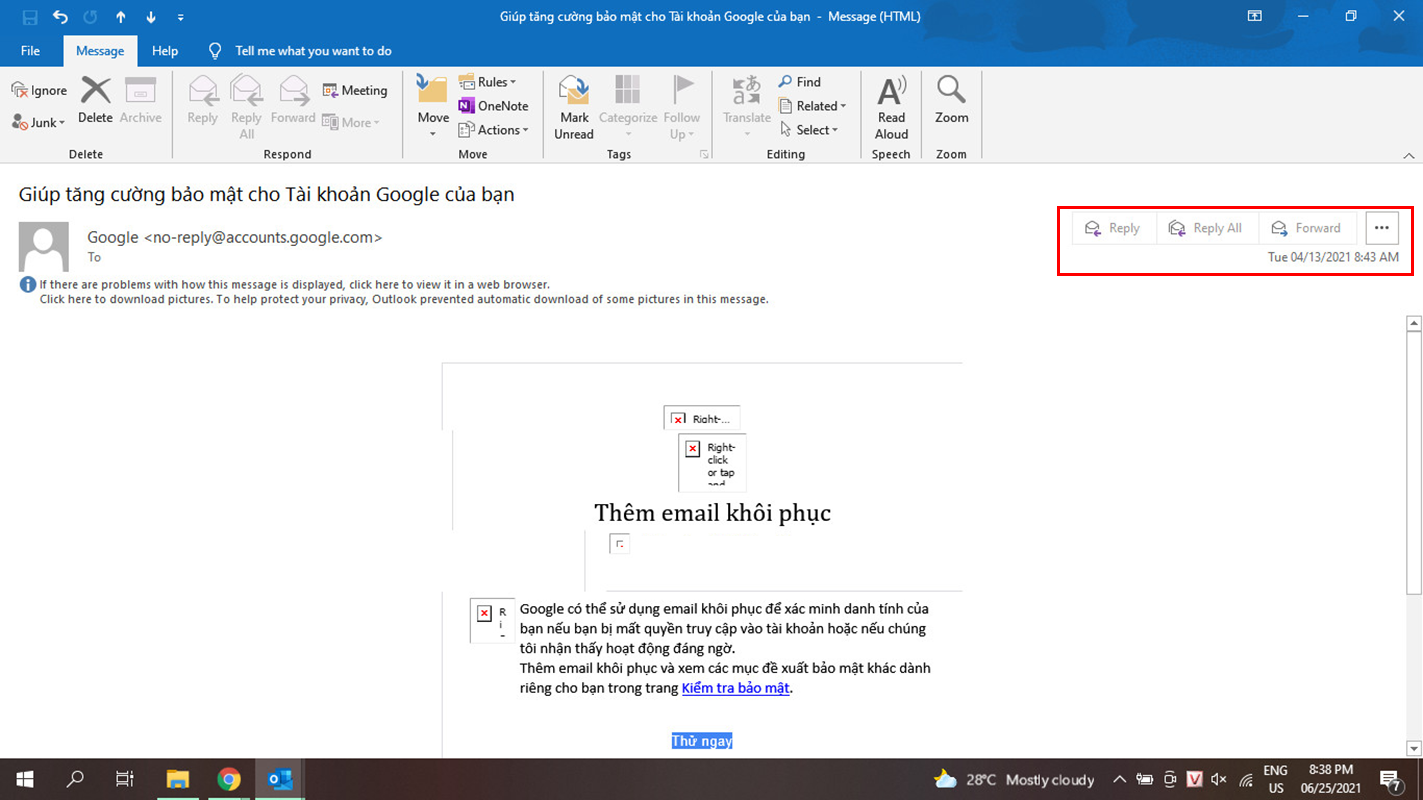 thao tác trực tiếp trên outlook