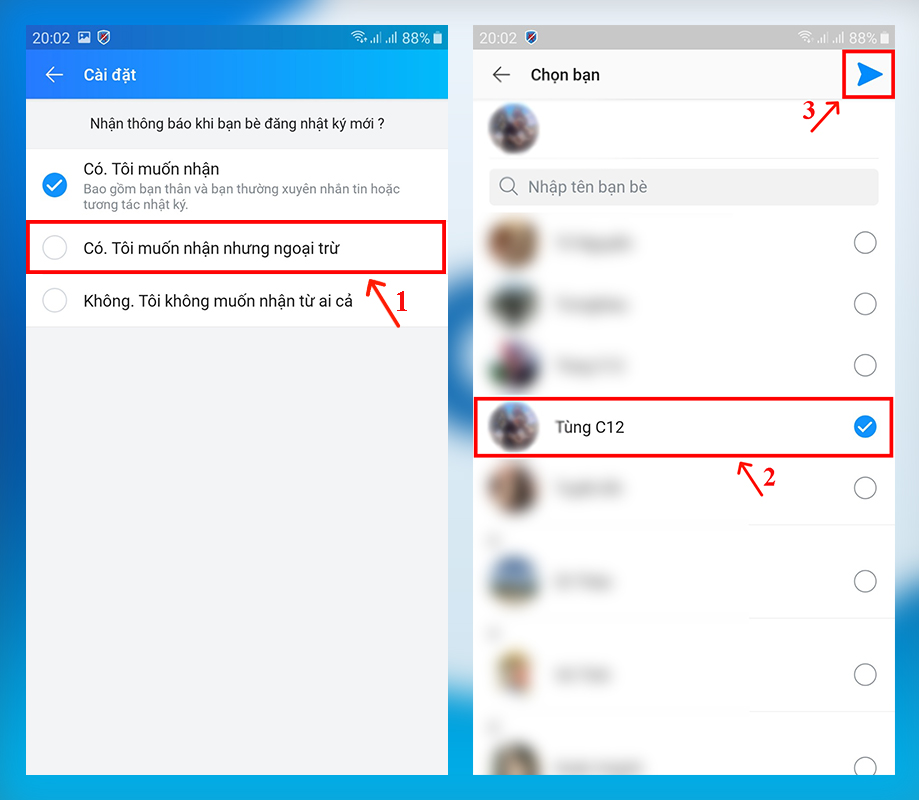 Nhấn vào mũi tên
