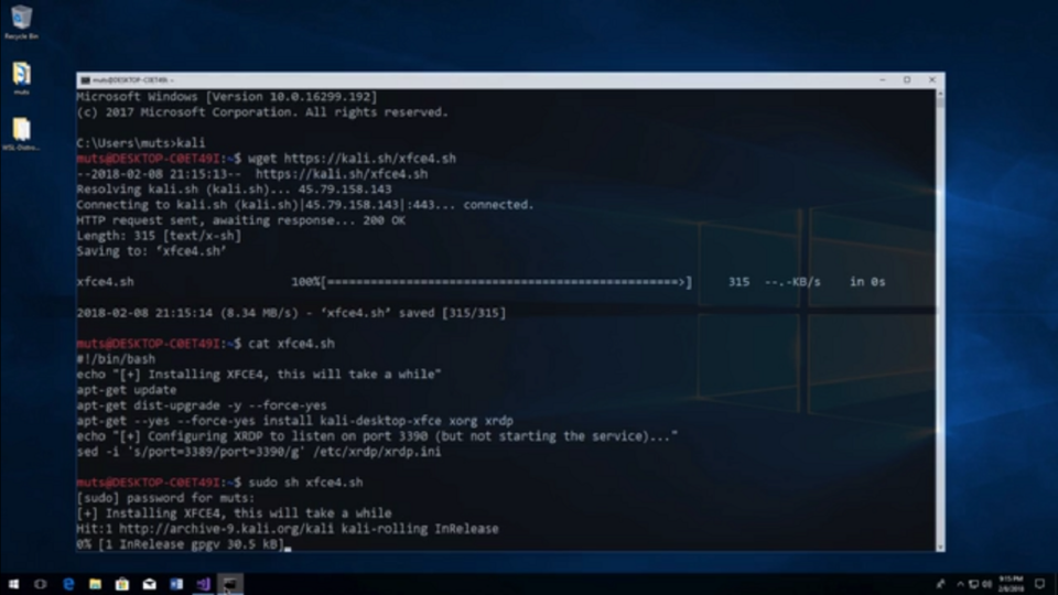 chạy kali linux trên Windown 10