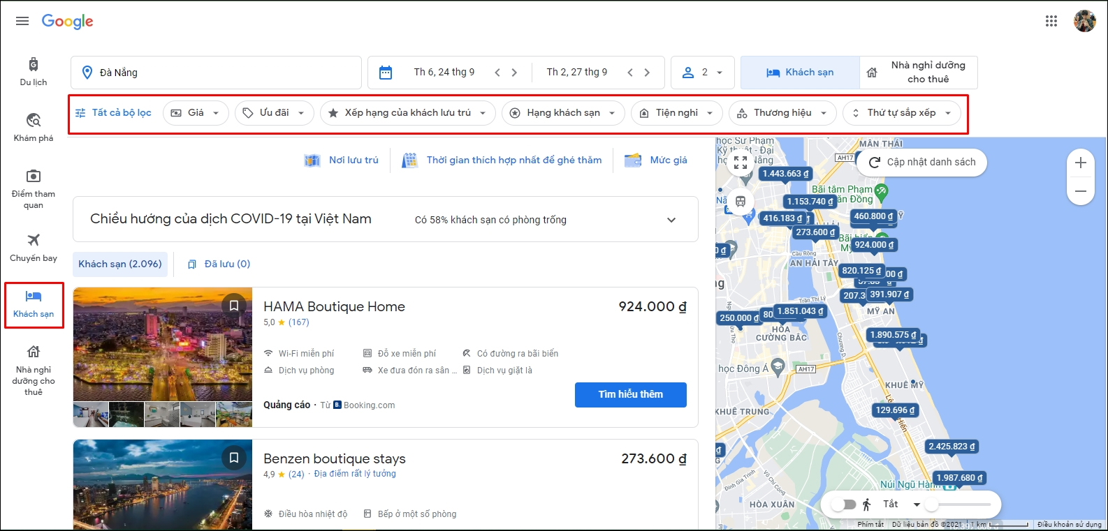 chọn khách sạn Google Travel