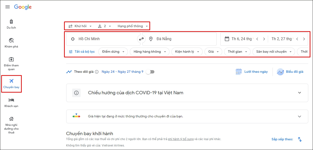 Chọn tùy chọn Google Flights