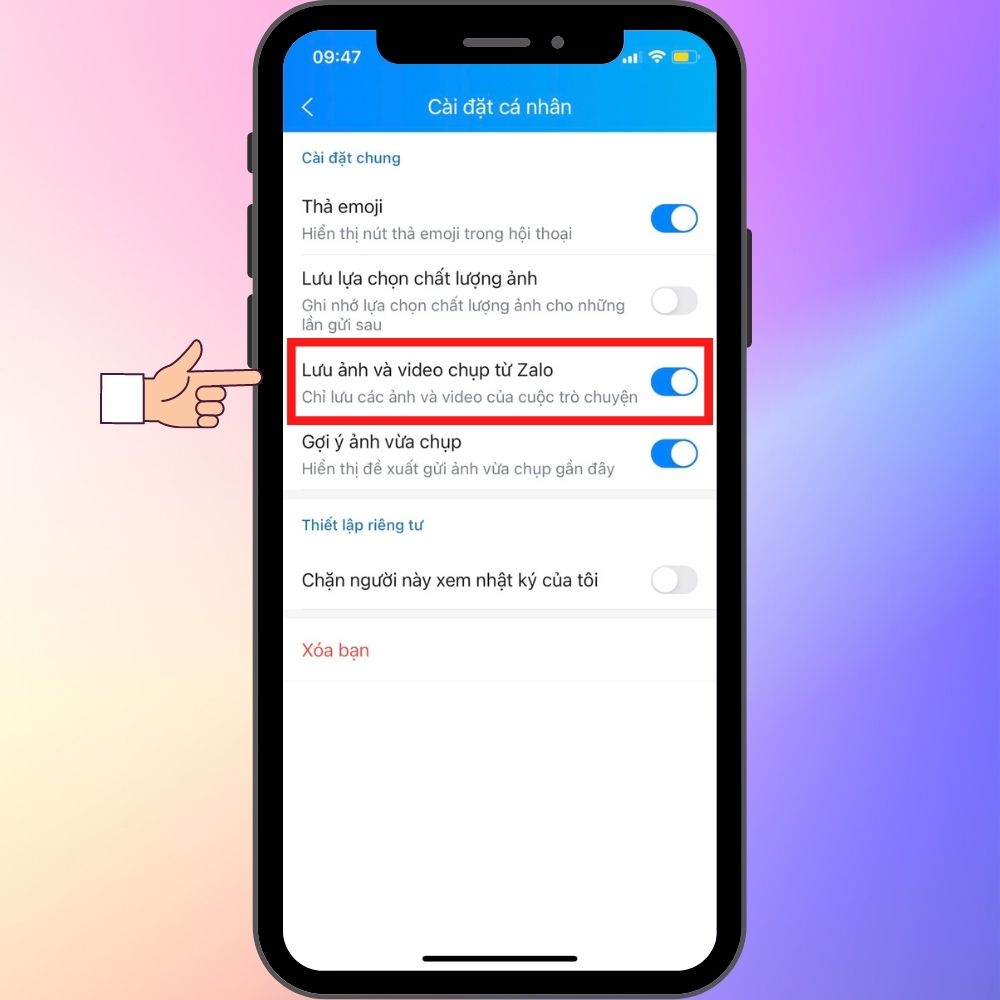 Cách bât, tắt lưu ảnh trên Zalo vào iphone bằng điện thoại