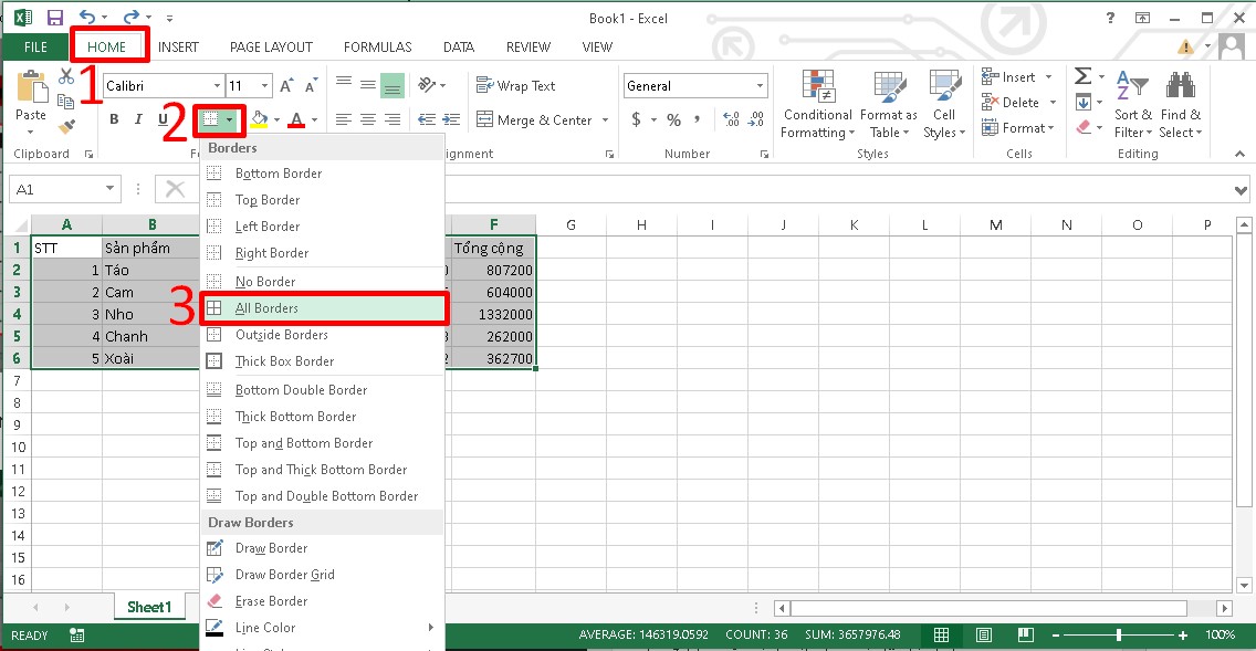 Cách kẻ bảng trong Excel bằng Border bước 2