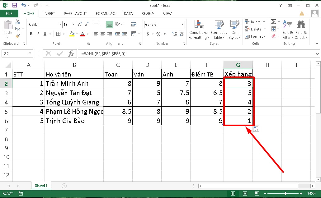 Sử dụng hàm Rank nhằm xếp thứ hạng trật tự kể từ cao cho tới thấp bước 4