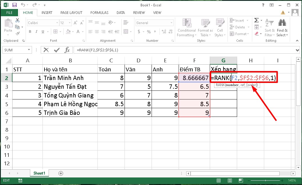 Sử dụng hàm Rank vô Excel nhằm xếp thứ hạng kể từ thấp cho tới cao bước 1