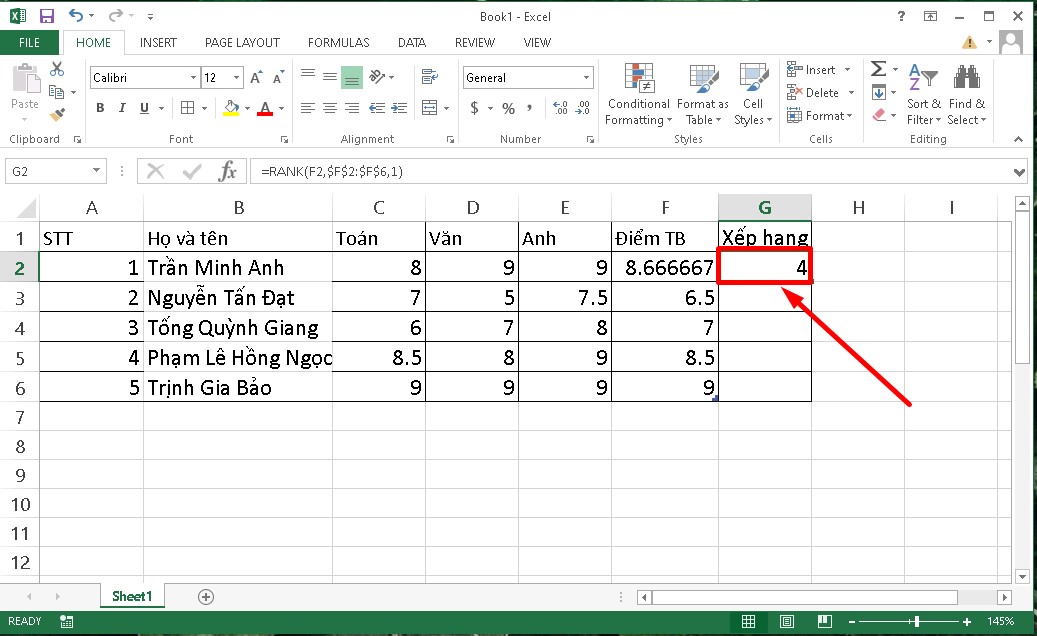 Sử dụng hàm Rank vô Excel nhằm xếp thứ hạng kể từ thấp cho tới cao bước 2