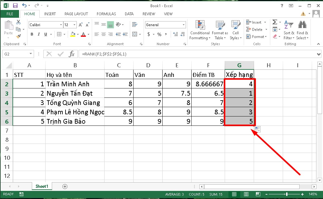 Sử dụng hàm Rank nhập Excel nhằm xếp thứ hạng kể từ thấp cho tới cao bước 3