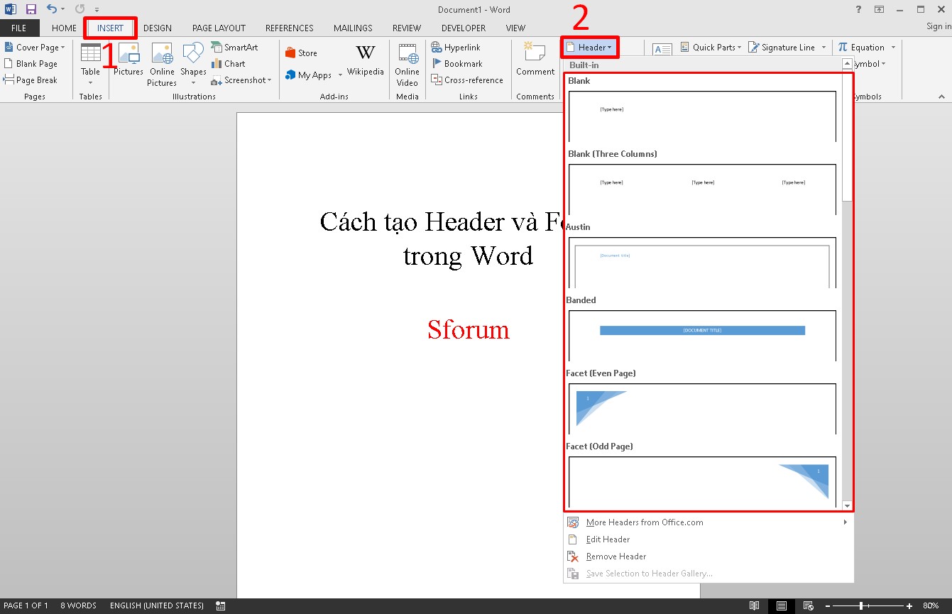 Cách tạo Header and Footer trong Word cho tất cả các trang bước 1