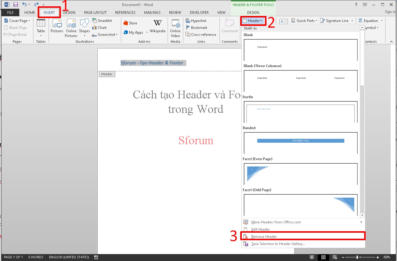 Xóa hoàn toàn  Header and Footer bằng tính năng Remove bước 1
