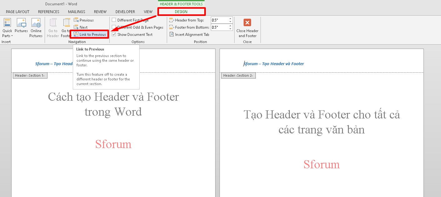 Chèn Header and Footer khác nhau ở các trang bước 2