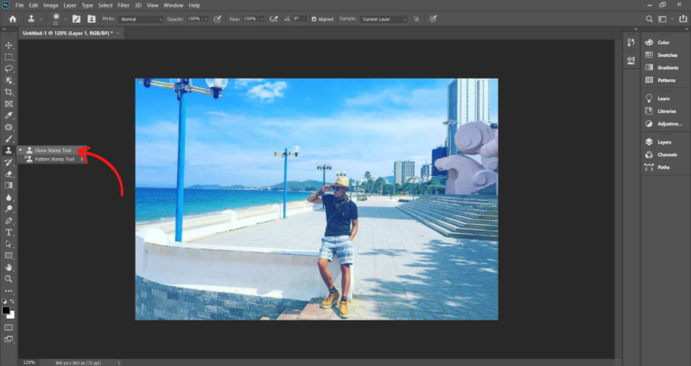 Công cụ Clone Stamp Tool là 1 trong cơ hội xóa vật thể nhập PhotoShop - Cách 1 